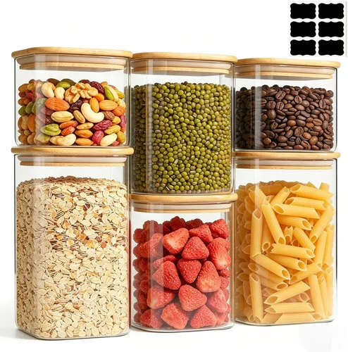 ComSaf Glass Storage Containers with Lids Set of 6,Glass Pantry Storage Containers with Airtight Lid & lables for Dry Food, Snacks, Nuts, Stackable