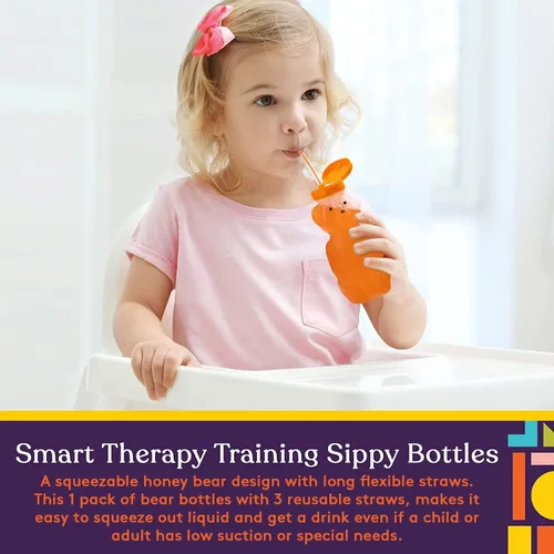 Vista 2 de Special Supplies Honey Bear Straw Cup Long Straws, Squeezable Therapy and Special Needs Assistive Drink Container, Spill Proof and Leak Resistant