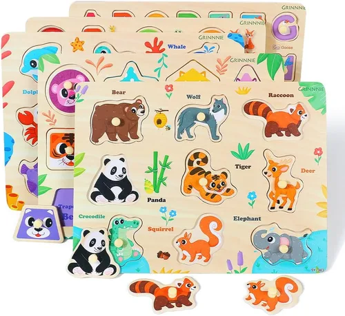Vista 3 de GRINNNIE Rompecabezas de Madera para Niños Pequeños de 3, 4, 5 Años, Juguetes Montessori para Niños Pequeños 5 PIEZAS Rompecabezas con Clavijas