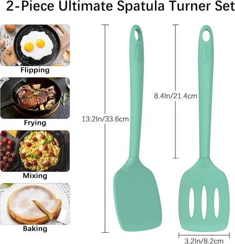 Vista 6 de Coukre Juego de 2 espátulas de silicona, resistentes al calor, sin BPA, espátulas de cocina sólidas y ranuradas para sartenes antiadherentes