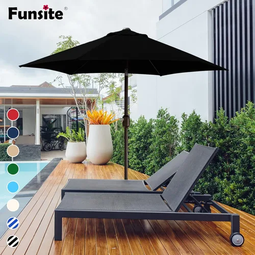 Vista 5 de Sombrilla de patio de 7.5 pies/9 pies, sombrilla de piscina con protección UV con poste resistente, sombrilla para exteriores con botón