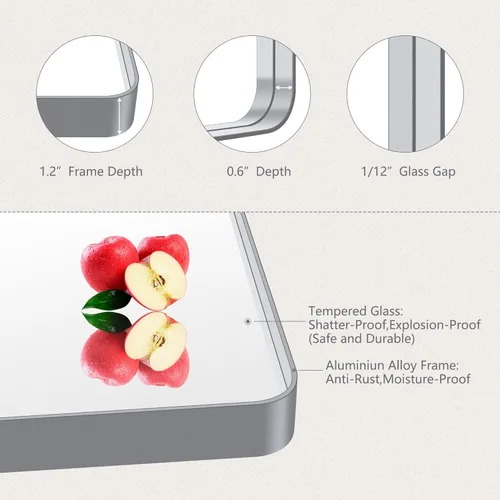 Vista 3 de Espejos con marco de níquel cepillado para baño, espejo rectangular redondeado de 36 x 36 pulgadas para pared, espejo de tocador de níquel cepillado