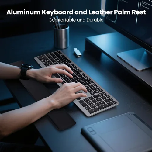Vista 2 de Teclado inalámbrico, teclado Bluetooth con reposamanos de cuero, retroiluminación, emparejamiento multidispositivo, USB C recargable, para Windows