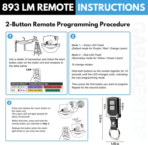 Vista 4 de 1 mini para LiftMaster Chamberlain Craftsman para puerta de garaje, 893LM 893Max 891LM 371LM 373LM 971LM 973LM 973LM, llavero de 2 botones