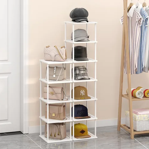 Vista 10 de Zapatero alto vertical para entrada, 7 niveles, delgado, estrecho, de madera de bambú, apilable, soporte de almacenamiento para botas, espacios Negro