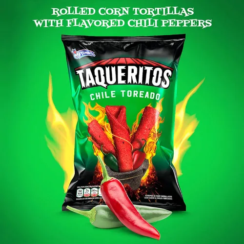 Vista 3 de Taqueritos Chips de tortilla enrollados en Chile sabor toreado 8 oz, paquete de 20