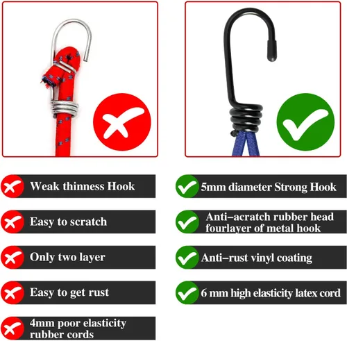 Vista 7 de Cuerda elástica pequeña de 7 pulgadas con ganchos, cuerdas elásticas negras resistentes al aire libre con ganchos para camping, lonas, tiendas