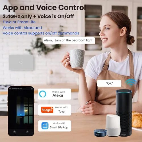 Vista 3 de Interruptor de luz inteligente 4.6X2.8X1.3 pulgadas, necesita cable neutro, WiFi de 2.4GHz, interruptor inteligente certificado FCC con control