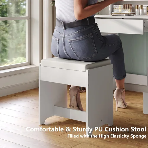 Vista 6 de Furniouse Escritorio de tocador de 37 pulgadas de ancho, espejo de tocador con luces y juego de mesa con 5 cajones, juego de tocador 3 modos