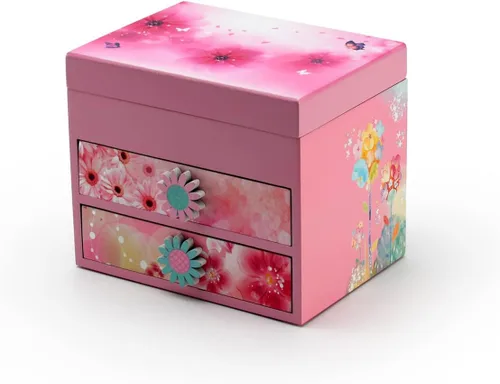 Caja de música de bailarina giratoria de madera rosa con temática floral de 18 notas, muchas canciones para elegir, Twinkle Twinkle Little Star