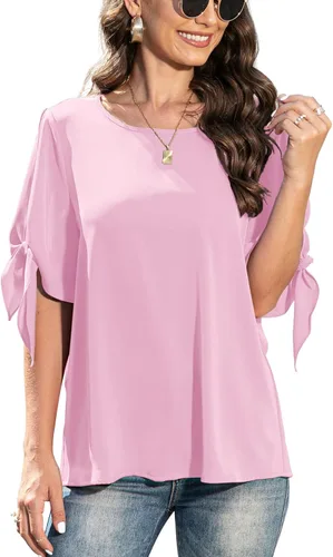 Vista 2 de Jouica Blusa de gasa de manga corta para mujer, estilo casual, con nudo, holgada, para verano