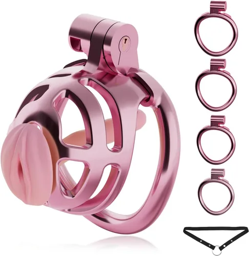 Jaula de castidad masculina, jaula de plástico ligera con 4 tamaños de anillos y cinturones de castidad, dispositivo de castidad con cerradura