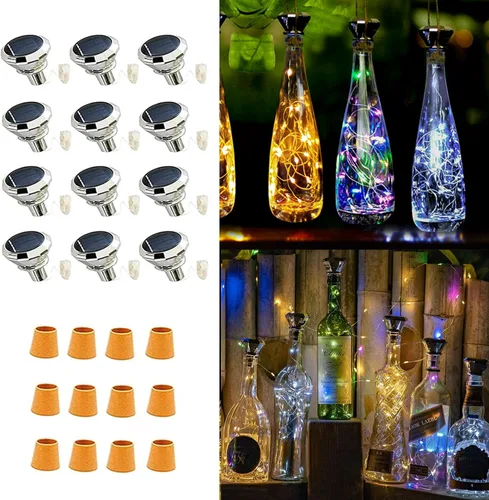 Vista 9 de YJFWAL Paquete de 12 luces solares mejoradas para botellas de vino, 20 luces LED impermeables de cobre, luces de cadena de corcho para decoración