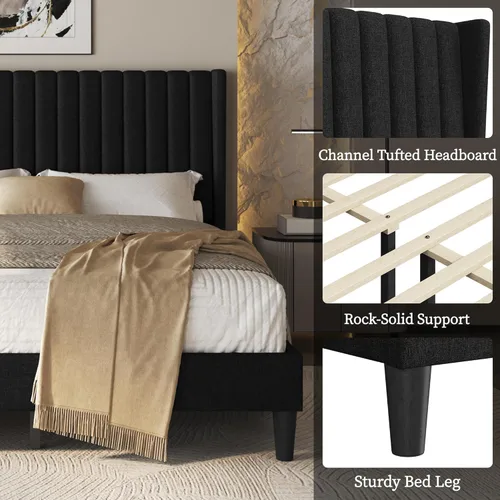 Vista 4 de Yaheetech - Base de cama tamaño queen con plataforma tapizada y cabecera de tela, diseño de borde ala, antideslizante y silenciosa, soporte de Negro