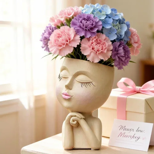 Vista 3 de Macetero de Cabeza con Cara, Macetas Divertidas con Cabezas, Macetas Lindas con Caras de Niña, Macetas Decorativas para Flores, Macetas Lindas