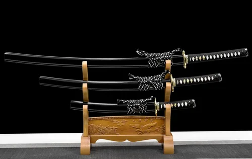 Vista 2 de Lyuesword Juego de espada samurái japonesa templada de arcilla funcional completa Katana Wakizashi Tanto Set 3 piezas puede cortar árbol
