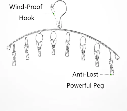Vista 3 de 2 perchas de secado de ropa con 16 clips, estante de secado de aire de calcetines de acero inoxidable, resistente al viento, antipérdida para todos