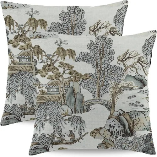 Vista 10 de Juego de 2 fundas de almohada florales bohemias de 16 x 16 pulgadas, fundas de almohada de lino con estampado de bloques azules estilo campestre