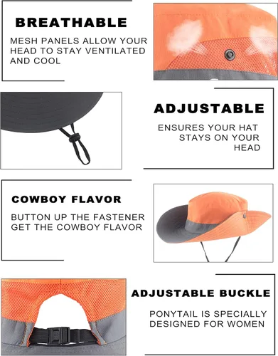 Vista 19 de Sombrero de cola de caballo para mujer, protección UV, ala ancha, plegable, para verano, playa, pesca, sombreros