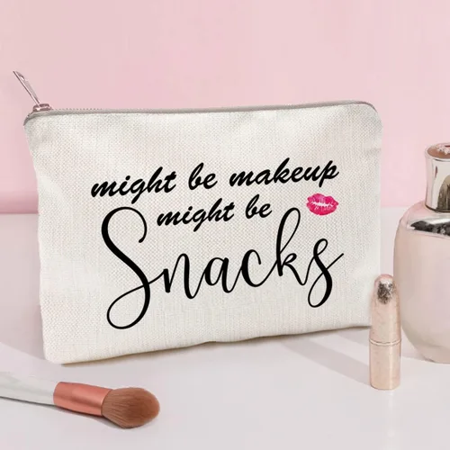 Vista 2 de Might Be Makeup Might Be Snacks Bolsa de maquillaje con cremallera de lino Bolsa de cambio Bolsa de cosméticos Bolsa de almacenamiento de maquillaje