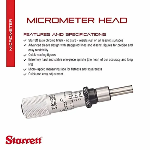 Vista 2 de Starrett Cabezal de micrómetro con husillo de una pieza, acabado cromado satinado y diseño avanzado de manga, ajuste rápido y fácil, rango de 0-1/2