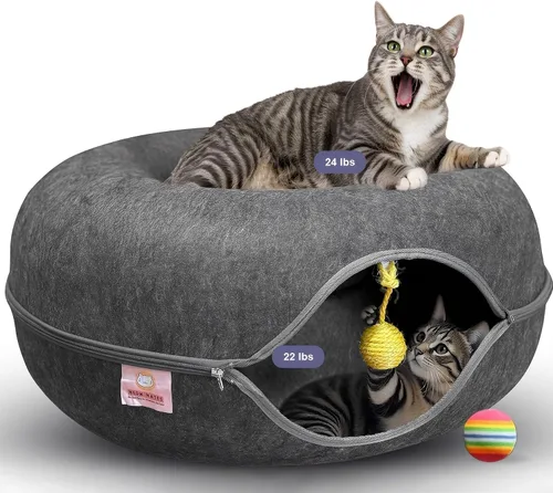MEOWMATES Peekaboo - Cama túnel para gatos con juguete de pelota colgante – Túneles grandes para gatos de interior de hasta 30 libras – Cama cueva