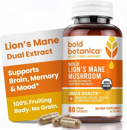 Hongo orgánico de melena de león, extracto corporal fructífero, salud cerebral, 60 cápsulas | Bold Botanica Lions Mane Mushroom Dual Extract,