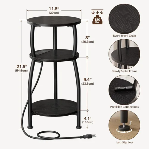 Vista 3 de Mesa auxiliar redonda con toma de corriente y puertos USB, mesa auxiliar de 3 niveles con estante de almacenamiento, mesita de noche rústica