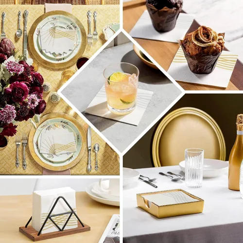 Vista 5 de Efavormart - Paquete de 20 servilletas de cóctel de papel Airlaid con tacto de lino blanco/dorado, servilletas desechables de alta calidad