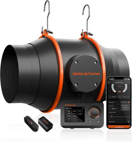 Vista 10 de Spider Farmer Ventilador inteligente de conducto en línea de 4 pulgadas con controlador de temperatura y humedad GGS, control de aplicación
