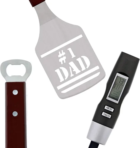 Vista 5 de Panoware Juego de herramientas para parrilla de barbacoa para papá, juego de 4 piezas, pinzas número 1 para papá, espátula, termómetro digital