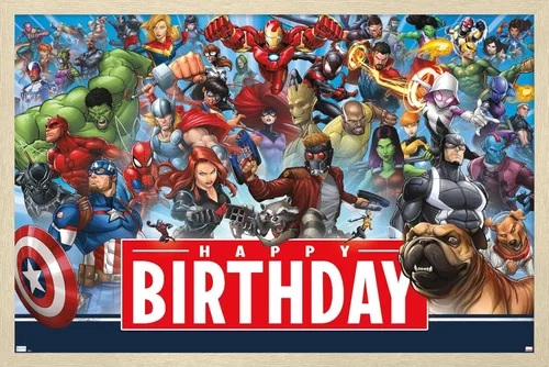Vista 7 de Trends International Marvel - Póster de pared de feliz cumpleaños, 22.4 pulgadas de largo x 14.7 pulgadas, versión enmarcada en madera de granero