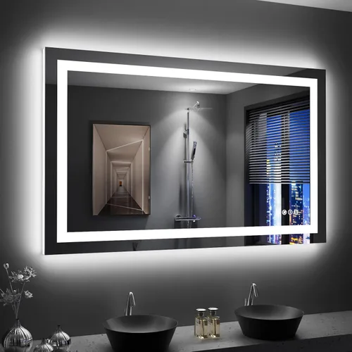 Vista 66 de LOAAO Espejo de baño LED de 60 x 40 pulgadas con luces, antiniebla, regulable, retroiluminado + iluminado frontal, espejo de tocador de baño