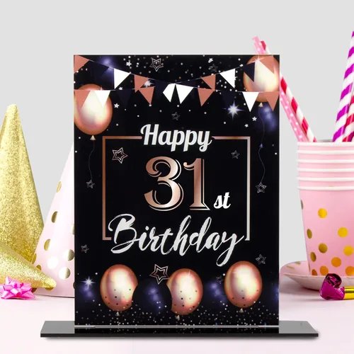 Vista 184 de LINGTEER Decoración de cumpleaños, soporte para globos, centros de mesa de acrílico, póster impreso de feliz 50 cumpleaños, centros de mesa de Negro