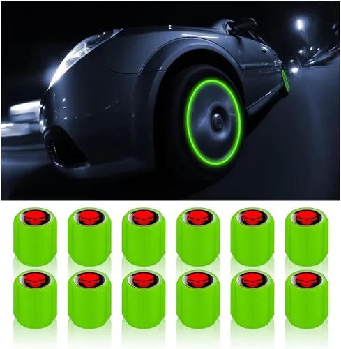 Vista 8 de 12 tapones fluorescentes para válvulas de neumáticos, resistentes a la corrosión, para automóvil, con forma de calavera iluminada luminosa que