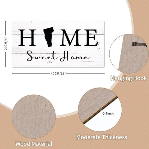 Vista 2 de Letrero decorativo estético de madera, letrero de madera con texto en inglés «Home Sweet Home» de Vermont, letrero de madera para el hogar