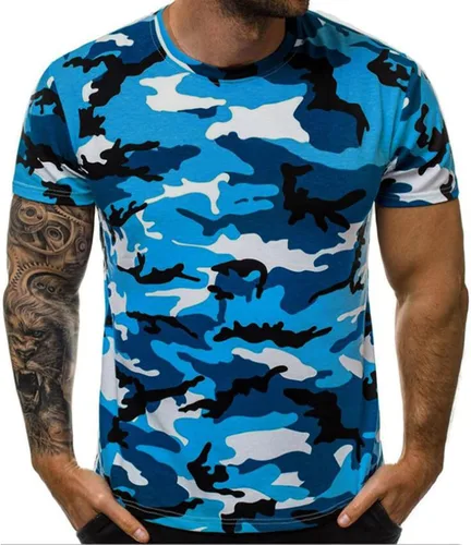 Camiseta de camuflaje para hombre, manga corta, ajuste regular, militar, estilo militar, cuello redondo, para entrenamiento, gimnasio