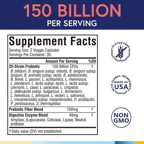 Vista 2 de Terranics Probióticos diarios para hombres y mujeres, 150 mil millones de probióticos de 25 cepas, con prebióticos y enzimas, liberación retardada