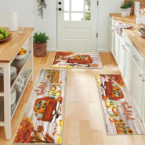 U'Artlines - Juego de alfombras de cocina de otoño con corredor de 3 piezas, alfombras y tapetes vintage de camiones, alfombras de temporada de