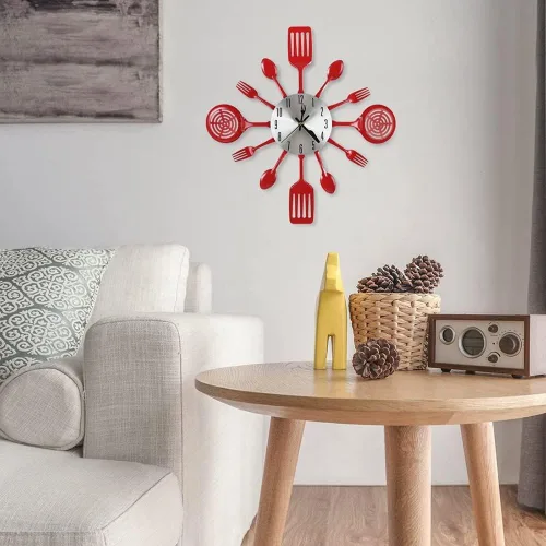Vista 6 de Herich - Reloj de pared de cocina de 16 pulgadas con cucharas y tenedores, reloj de pared 3D para decoración del hogar (rojo)