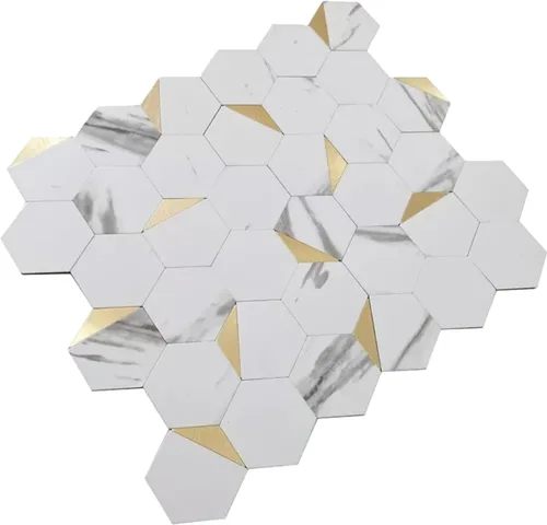 Vista 8 de Azulejo de pared para salpicaduras de pelar y pegar. 10 láminas autoadhesivas de mármol sintético hexagonal blanco y dorado de 11.6 x 11.5 pulgadas