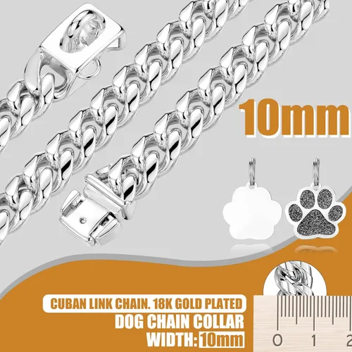 Vista 3 de Collar de cadena para perro, collar de acero inoxidable resistente de 0.394 pulgadas con eslabones cubanos, cadena de metal para perro con hebilla a
