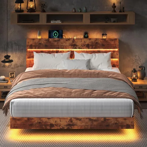 Vista 14 de Feonase Base de cama flotante individual con luces LED y estación de carga, marco de cama de madera tamaño individual con cabecera
