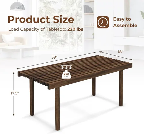 Vista 8 de COSTWAY Mesa de centro de madera de goma de 39 pulgadas, mesa central rectangular moderna con tablero de listones, mesa de té de cóctel rústica