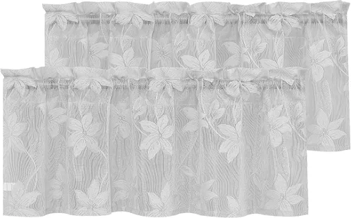 Vista 27 de DWCN Paquete de 2 cortinas traslúcidas pequeñas de encaje floral beige para cocina, cortinas traslúcidas ligeras con bolsillo para barra, cortinas