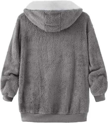 Vista 4 de Abrigos de invierno para mujer, chaqueta de forro polar mullido con capucha y bloques de color, cárdigan, abrigos con bolsillos