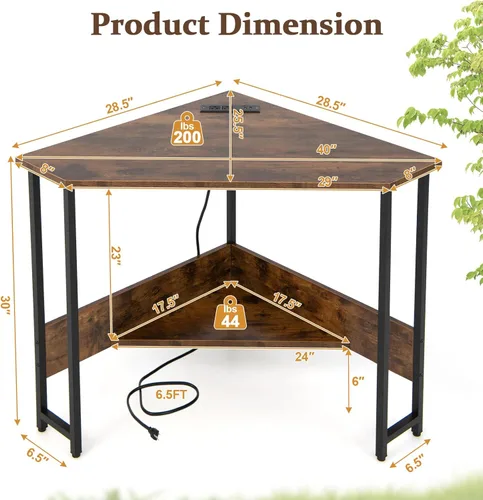 Vista 3 de COSTWAY Escritorio esquinero para computadora, con puertos USB y toma de corriente, estante de almacenamiento para espacios pequeños, escritorio