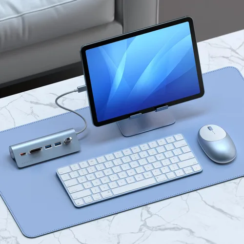Vista 7 de Satechi Hub USB C para escritorio, concentrador USB C con 3 puertos de datos USB-A 3.0, lectores de tarjetas micro/SD, concentrador USBC