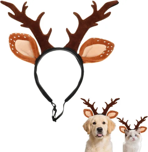 Hemobllo Diadema de Navidad para perro, cuernos de reno y gato, clásico, ajustable, sombrero de alce para gatos y gatitos, cómoda diadema de cuernos