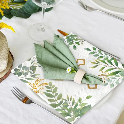 Vista 6 de AnyDesign 80 servilletas de papel con cruz vegetal, hojas verdes, desechables, servilletas de almuerzo, bautismo, postre, cena, servilletas de mano